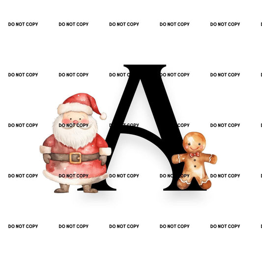 Christmas Santa & Gingerbread Man Black Letter Alphabet Fabric DTF